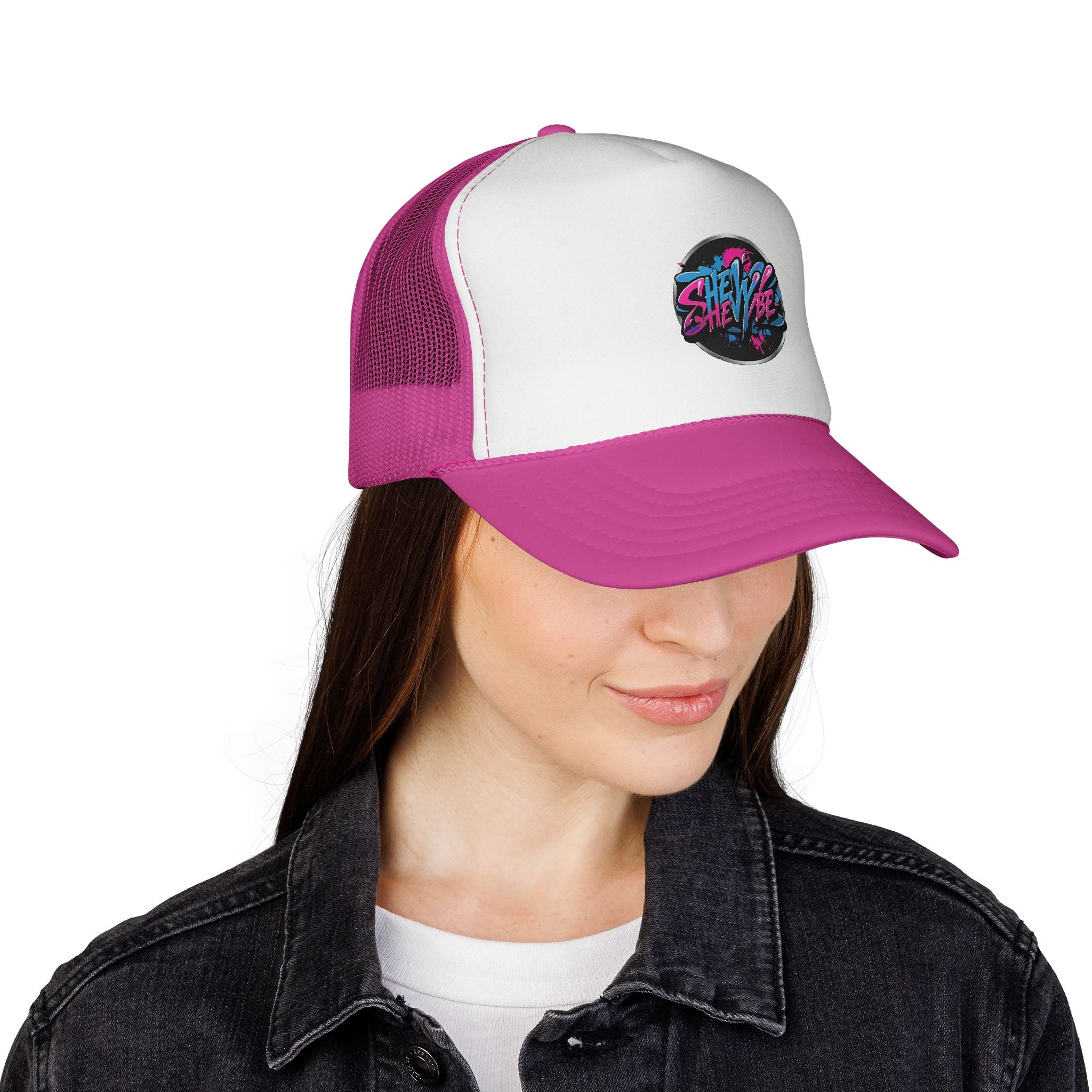 Shevibe Retro Logo Trucker Cap — 80s Vaporwave Mesh Hat