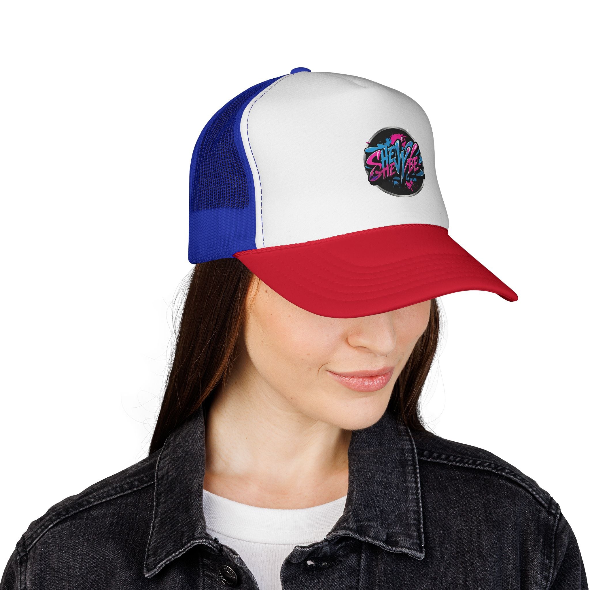 Shevibe Retro Logo Trucker Cap — 80s Vaporwave Mesh Hat