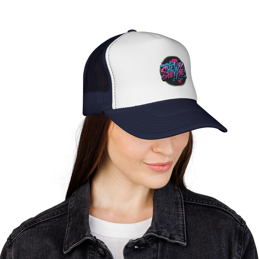 Shevibe Retro Logo Trucker Cap — 80s Vaporwave Mesh Hat