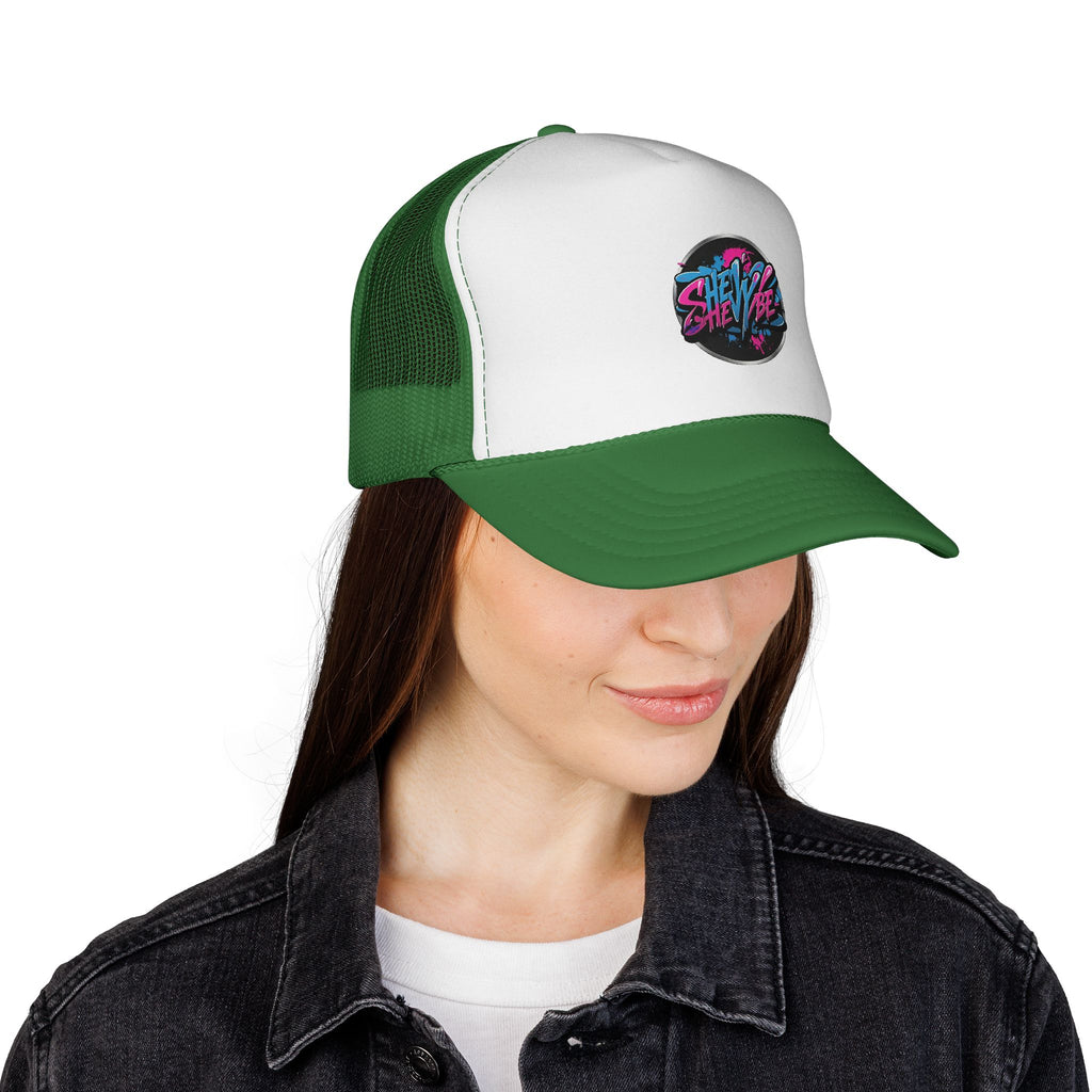 Shevibe Retro Logo Trucker Cap — 80s Vaporwave Mesh Hat