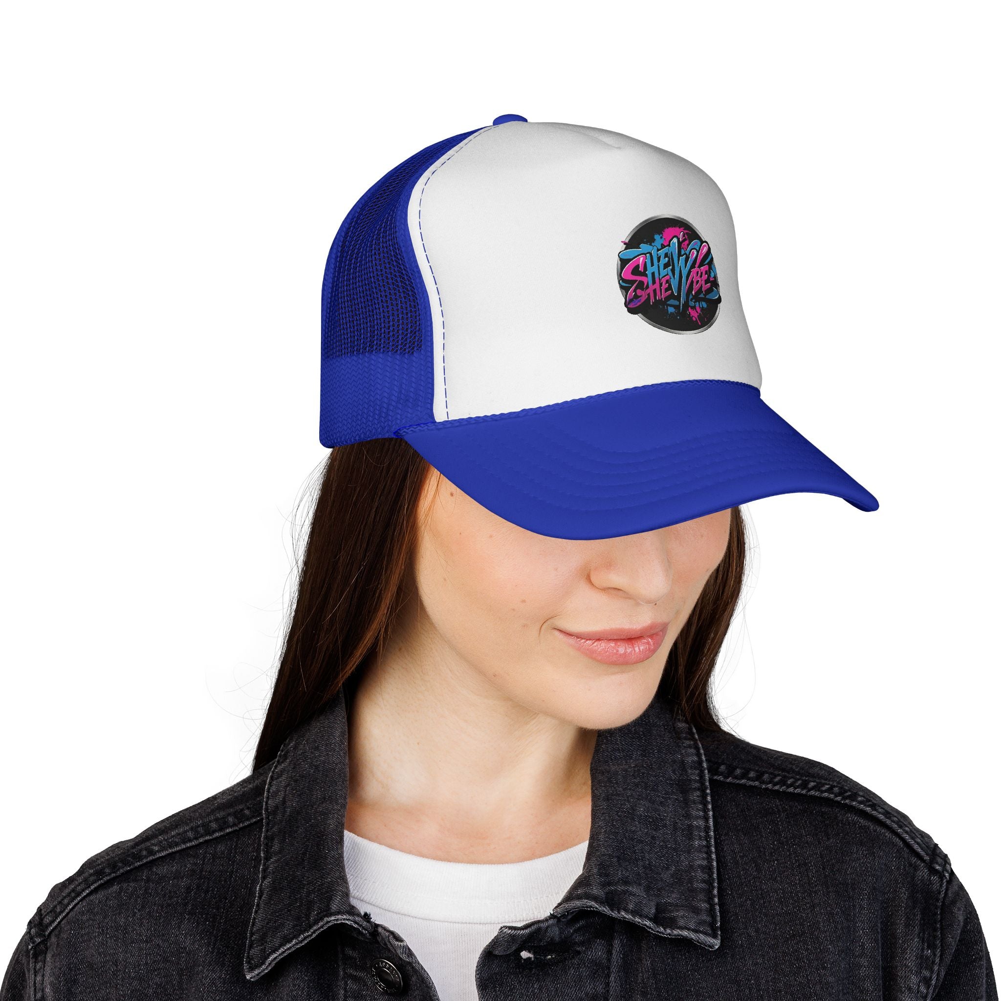 Shevibe Retro Logo Trucker Cap — 80s Vaporwave Mesh Hat