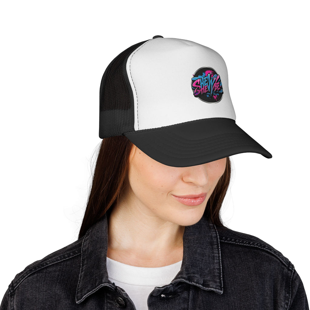 Shevibe Retro Logo Trucker Cap — 80s Vaporwave Mesh Hat